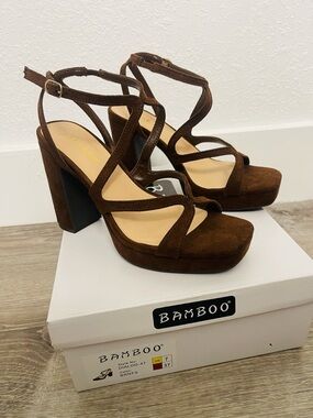 BAMBOO Brown Suede Platform Strappy Heels